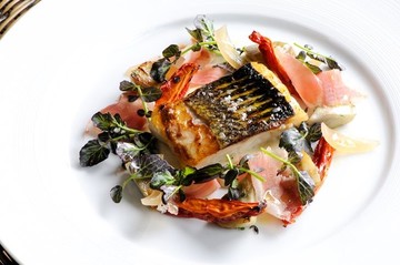 Fillet of Sea Bass with Parma Ham, Artichokes & Watercress